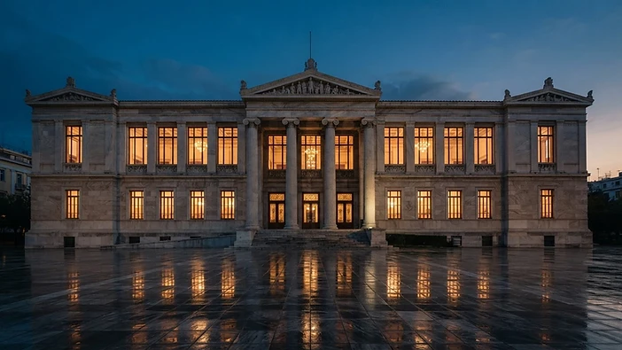 Neoclassical institutional building in Athens at dusk